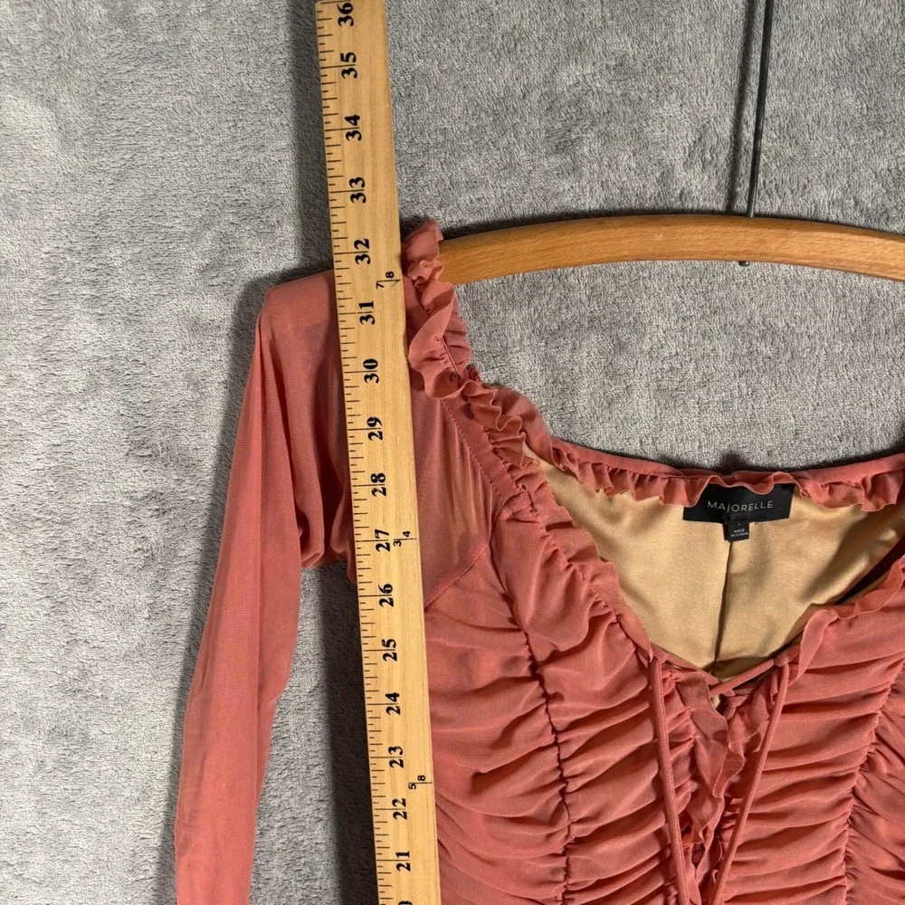 Majorelle Mini Jardin Dress Size S Pink‎ Ruched Mesh Lace Up Long Sleeve Bodycon - Picture 12 of 14